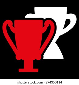 Trophy cups icon from Competition & Success Bicolor Icon Set. Vector style: flat bicolor symbols, red and white colors, rounded angles, black background.
