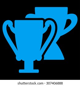 Trophy cups icon. Vector style is flat symbols, blue color, rounded angles, black background.