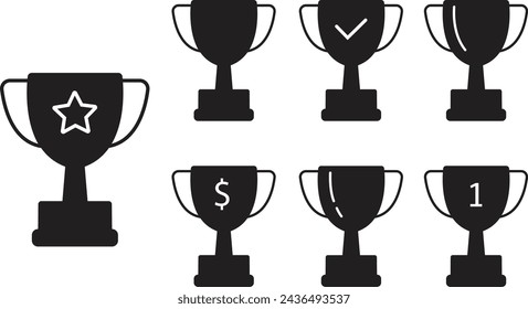 Iconos de copas de trofeos Set. Símbolos de ganador en Estilos de relleno. Copas de campeón. Copas de primer lugar. Vasos hipster minimalistas aislados sobre fondo transparente. Señales de trofeos para diseños de sitios web y aplicaciones móviles.