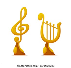 Trophy cups, music award in shape of note and harp vector. Musical art reward for talent and great achievement, melody or song composing, best soundtrack