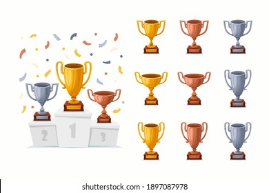 Trophy cups on a podium with confetti. Gold, silver, and bronze winner prize cups set with different shapes - 1st, 2nd, and 3rd place trophies on a white pedestal. Cartoon style vector illustration.