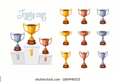 Trophy Cups On A Podium. Gold, Silver, And Bronze Winner Prize Cups Set With Different Shapes - 1st, 2nd, And 3rd Place Trophies On A White Pedestal. Cartoon Style Vector Illustration.