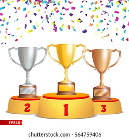 Trophy Cups On Podium. Golden, Bronze, Silver. Winners Pedestal Concept With First, Second And Third Place. Award Ceremony With Falling Confetti. Winner Concept. Vector Illustration