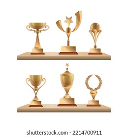 Trophy cups on shelves. awards for sport competition winners. Vector golden trophy