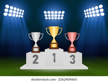 Copas de Trofeo en el Podio del Ganador del Deporte en el Campo de Fútbol en Estadio o Arena Deportiva. Podos Deportivos Pedestales. Base de ganadores de podio. Ilustración vectorial.