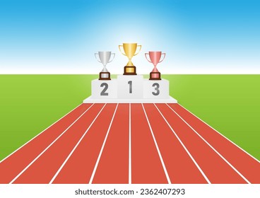 Copas de trofeo en el podio del ganador deportivo en pista de carreras o pista de atletas.  Podos Deportivos Pedestales. Base de ganadores de podio. Ilustración vectorial.