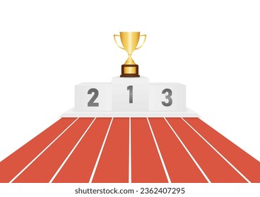 Trophy Cups on Sport Winner Podium on Running Track or Athlete Track.  Pedestal Sport Podiums. Podium Winner Stand. Vector Illustration.