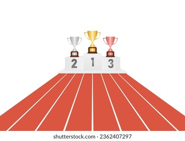 Trophy Cups on Sport Winner Podium on Running Track or Athlete Track.  Pedestal Sport Podiums. Podium Winner Stand. Vector Illustration.