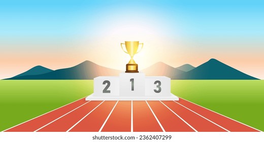 Trophy Cups on Sport Winner Podium on Running Track or Athlete Track.  Pedestal Sport Podiums. Podium Winner Stand. Vector Illustration.