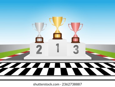 Trophy Cups on Winner Podium in Racing Track Arena. Pedestal Sport Podiums. Podium Winner Stand. Vector Illustration.