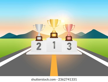 Copas de Trofeo en el Podio Ganador en la Carretera Asfalto. Podos Deportivos Pedestales. Base de ganadores de podio. Ilustración vectorial.