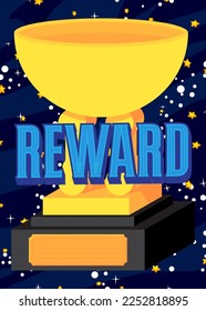 Trofeo con texto de recompensa. Galardón, ilustración vectorial de fondo ganador.