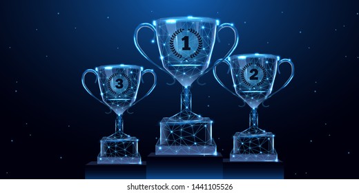 Trophy cups set. Abstract image of a champion cup in the form of a starry sky or space, consisting of points, lines, and shapes in the form of stars. Low poly concept. Vector illustration.