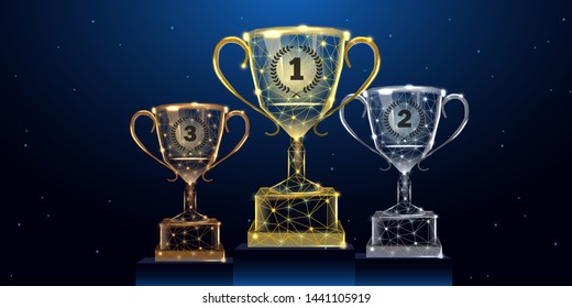 Trophy cups set. Abstract image of a gold, silver and bronze cup in the form of a starry sky or space, consisting of points, lines, and shapes in the form of stars. Low poly concept. Vector.