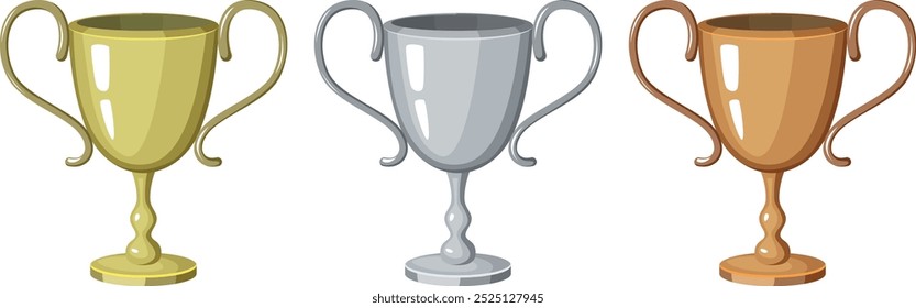 Conjunto de tazas de trofeo. Iconos de dibujos animados de premio de metal
