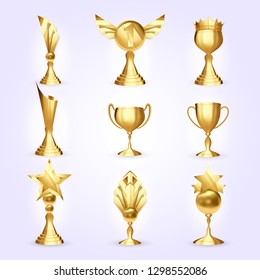 Trophy Cups Set Vector. Success Golden Trophy Award. Different Champion Icon. Winner Leader Prize. First 1st Place. Best One. Event Victory Ceremony 3D Realistic Illustration