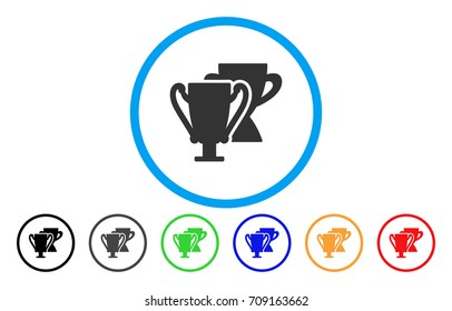 Trophy Cups vector rounded icon. Image style is a flat gray icon symbol inside a blue circle. Bonus color versions are gray, black, blue, green, red, orange.