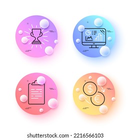 Trophy, Currency Exchange und Analytics Graphen minimale Linien Symbole. Schaltflächen für 3D-Kugeln oder Bälle. Symbole in der Zwischenablage. Für Web, Anwendung, Druck. Gewinner-Cup, Geldtransfer, Wachstumsbericht. Vektorgrafik