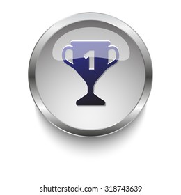 Trophy dark blue vector icon on a glossy glass button with chrome on white background