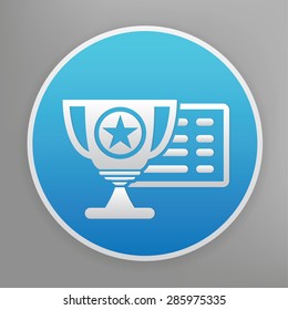 Trophy design icon on blue button,clean vector