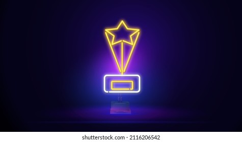 Diseño de trofeos con una estrella brillante de neón en el estrado. Diseño de una copa con una medalla por logros. Icono de neón único y realista.