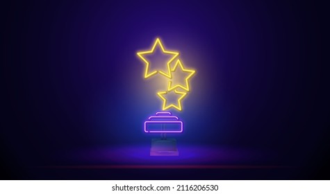 Diseño de trofeos con estrella brillante neón retro en el estrado. Diseño de una copa con una medalla por logros. Icono de neón único y realista. Icono lineal en un fondo azul.