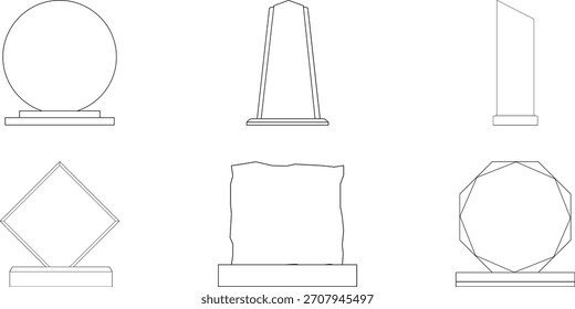 Los diseños de trofeos en el arte lineal presentan una serie de seis premios distintos con Formas geométricas como esferas, cuadrados y polígonos, cada uno descansando sobre una base simple ideal para ilustrar el logro en