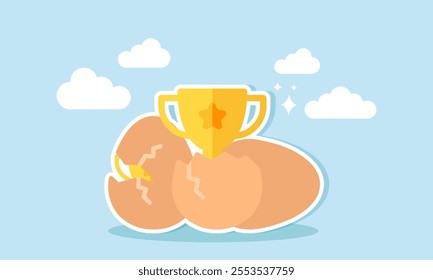 A trophy emerging from an eggshell, illustration of achievement in business for becoming the best company