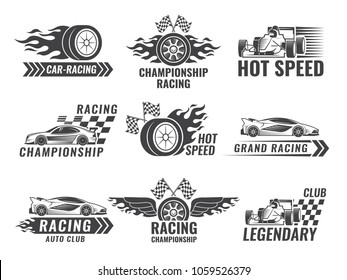 Trophy, engine, rally and others symbols for race sport labels. Vector rally sport label, winner champion flag, emblem banner car championship illustration