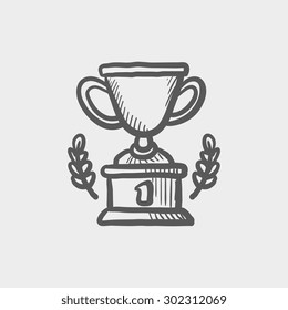 Trophy Of First Place Winner Sketch Icon For Web And Mobile. Hand Drawn Vector Dark Grey Icon On Light Grey Background.