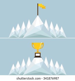 Trophy and Flag on mountain. Vector Illustration.