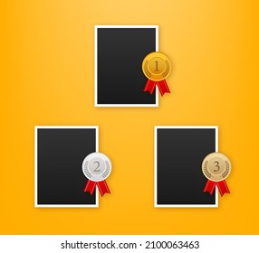 Trophy And Frame Realistic Compostion. 3d Photo Award Place For Flyer Design. Vector Illustration.