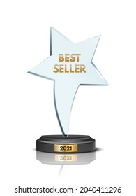 Trophy glass award in star shape vector illustration. Realistic modern cup prize with glossy gold best seller text, 3d prestigious winner trophy for business champion achievement on white background