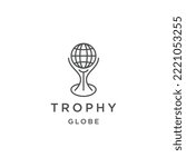 Trophy with globe line art logo design template flat vector