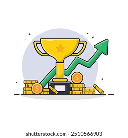 Trophy with Gold Coin and Arrow Vector Illustration. Business Winner Concept Design