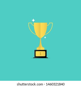 Trophy gold cup flat on green background. Champion cup. Vector