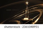 Trophy gold star on podium with ribbon elements and glitter light effects decorations and bokeh. Vector illustration.