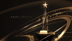 Trophy Gold Star On Podium With Ribbon Elements And Glitter Light Effects Decorations And Bokeh. Vector Illustration.