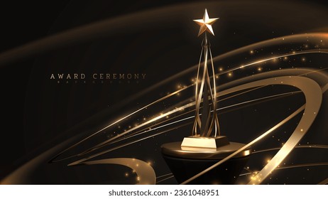 Trophy gold star on podium with ribbon elements and glitter light effects decorations and bokeh. Vector illustration.