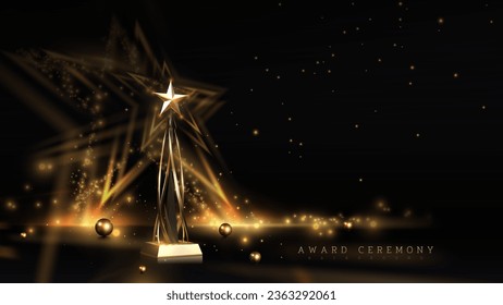 Trophy gold star on podium with ribbon elements and glitter light effects decorations and bokeh. Luxury black award ceremony background. Vector illustration.