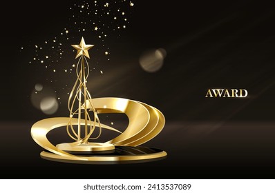 Trophy gold star on podium with ribbon elements and glitter light effects decorations and bokeh. Vector illustration.