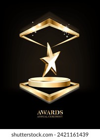 Trophy gold star on podium glitter light effects decorations and bokeh. Vector illustration.