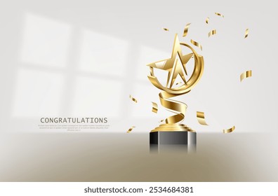 Trophy gold star on podium with ribbon elements and glitter light effects decorations and bokeh. Vector illustration.