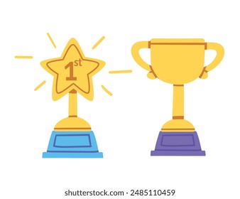 Trophy golden gup with glowing yellow stripes. One cup star shaped and with 1st number vector illustration isolated on a white background
