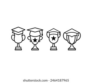 trophy with graduation cap icons vector design simple line black white illustration collections set isolated
