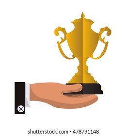 trophy hand cup gold winner competition success icon. Flat and Isolated design. Vector illustration