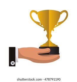 trophy hand cup gold winner competition success icon. Flat and Isolated design. Vector illustration