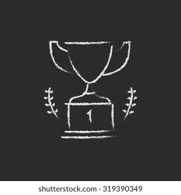 Trophy hand drawn in chalk on a blackboard vector white icon isolated on a black background.