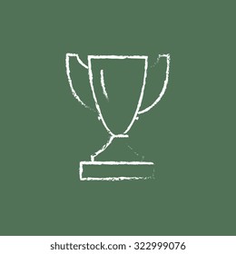 Trophy Hand Drawn In Chalk On A Blackboard Vector White Icon Isolated On A Green Background.