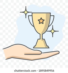 Trofeo en la ilustración vectorial del icono de la mano estilo de color de símbolo de signo aislado en fondo transparente.